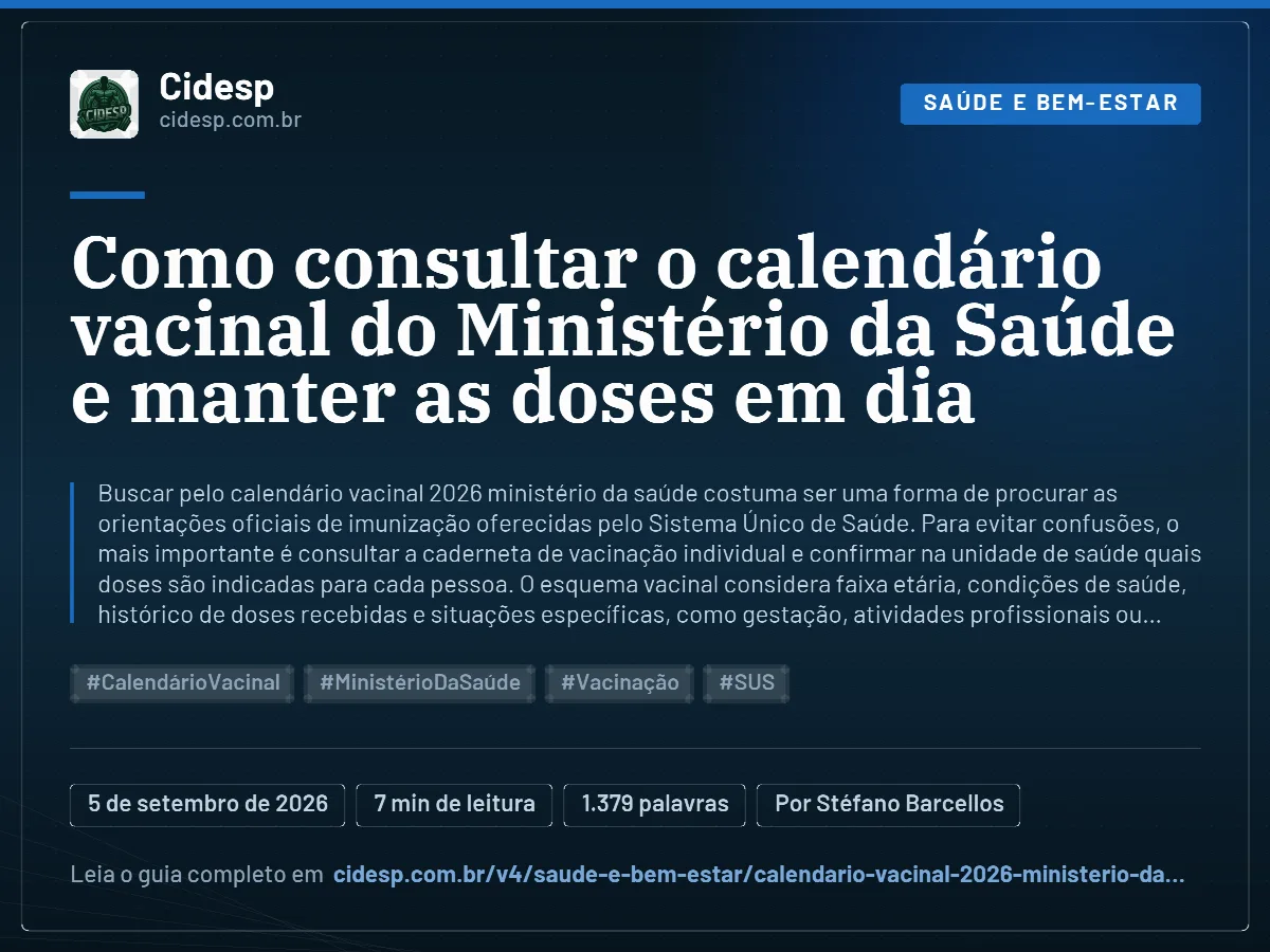 Cartão do artigo “Como consultar o calendário vacinal do Ministério da Saúde e manter as doses em dia”, com resumo, data de publicação e endereço da página.