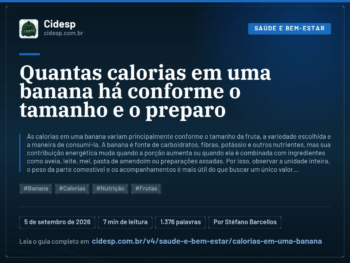 Cartão do artigo “Quantas calorias em uma banana há conforme o tamanho e o preparo”, com resumo, data de publicação e endereço da página.