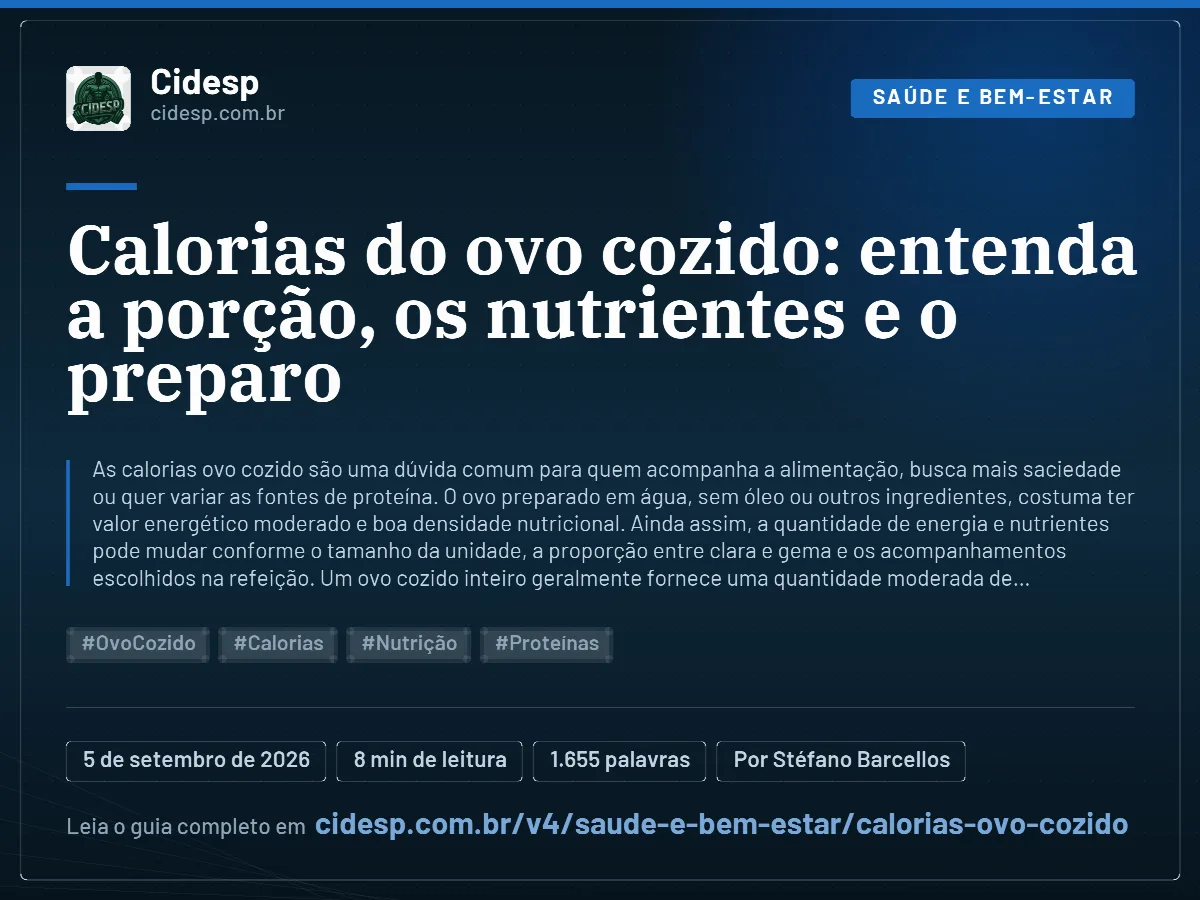 Cartão do artigo “Calorias do ovo cozido: entenda a porção, os nutrientes e o preparo”, com resumo, data de publicação e endereço da página.