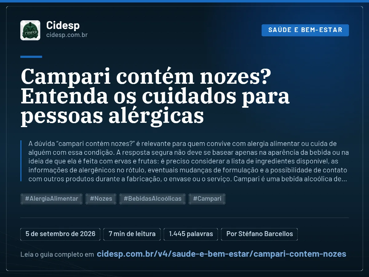 Cartão do artigo “Campari contém nozes? Entenda os cuidados para pessoas alérgicas”, com resumo, data de publicação e endereço da página.