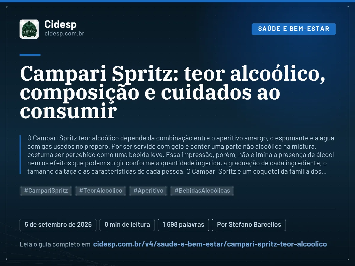 Cartão do artigo “Campari Spritz: teor alcoólico, composição e cuidados ao consumir”, com resumo, data de publicação e endereço da página.