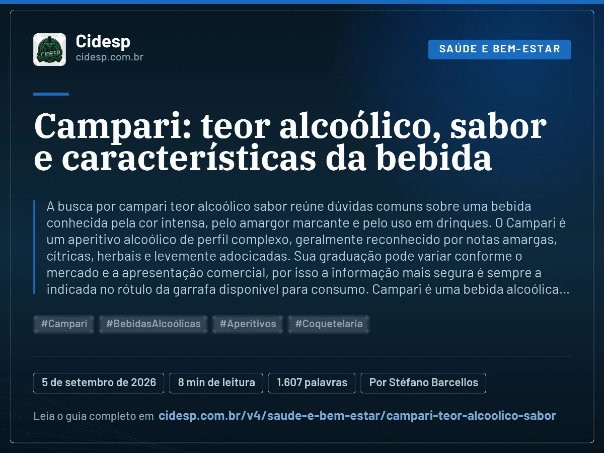 Cartão do artigo “Campari: teor alcoólico, sabor e características da bebida”, com resumo, data de publicação e endereço da página.