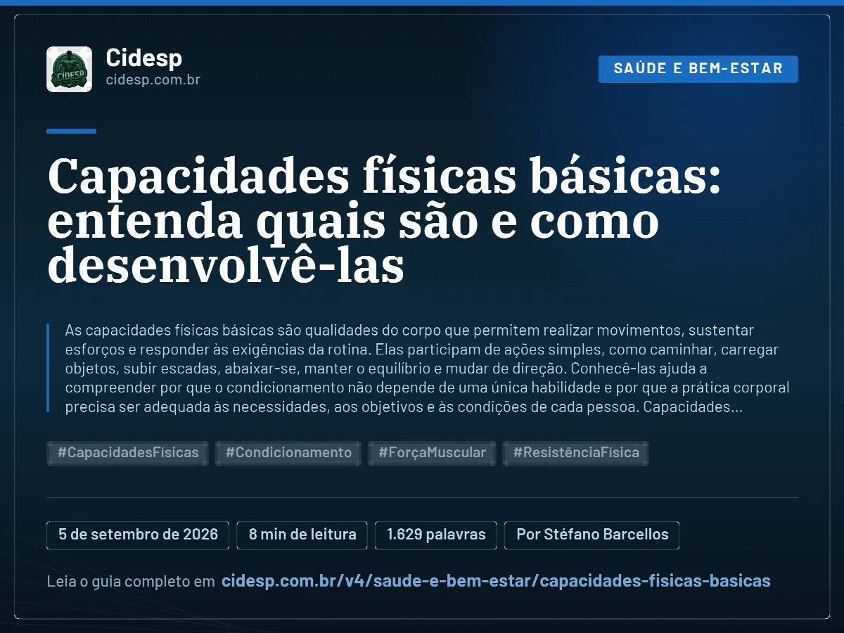 Cartão do artigo “Capacidades físicas básicas: entenda quais são e como desenvolvê-las”, com resumo, data de publicação e endereço da página.