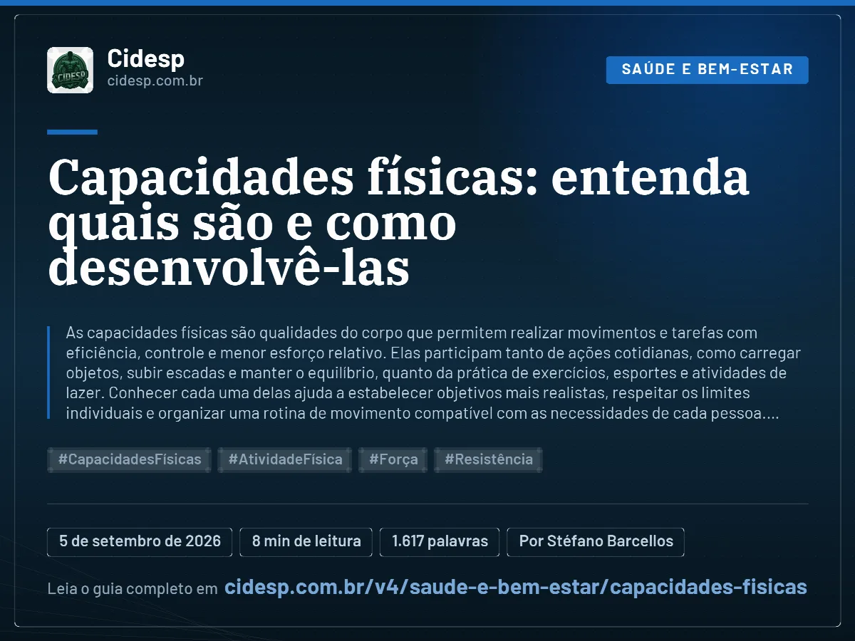 Cartão do artigo “Capacidades físicas: entenda quais são e como desenvolvê-las”, com resumo, data de publicação e endereço da página.
