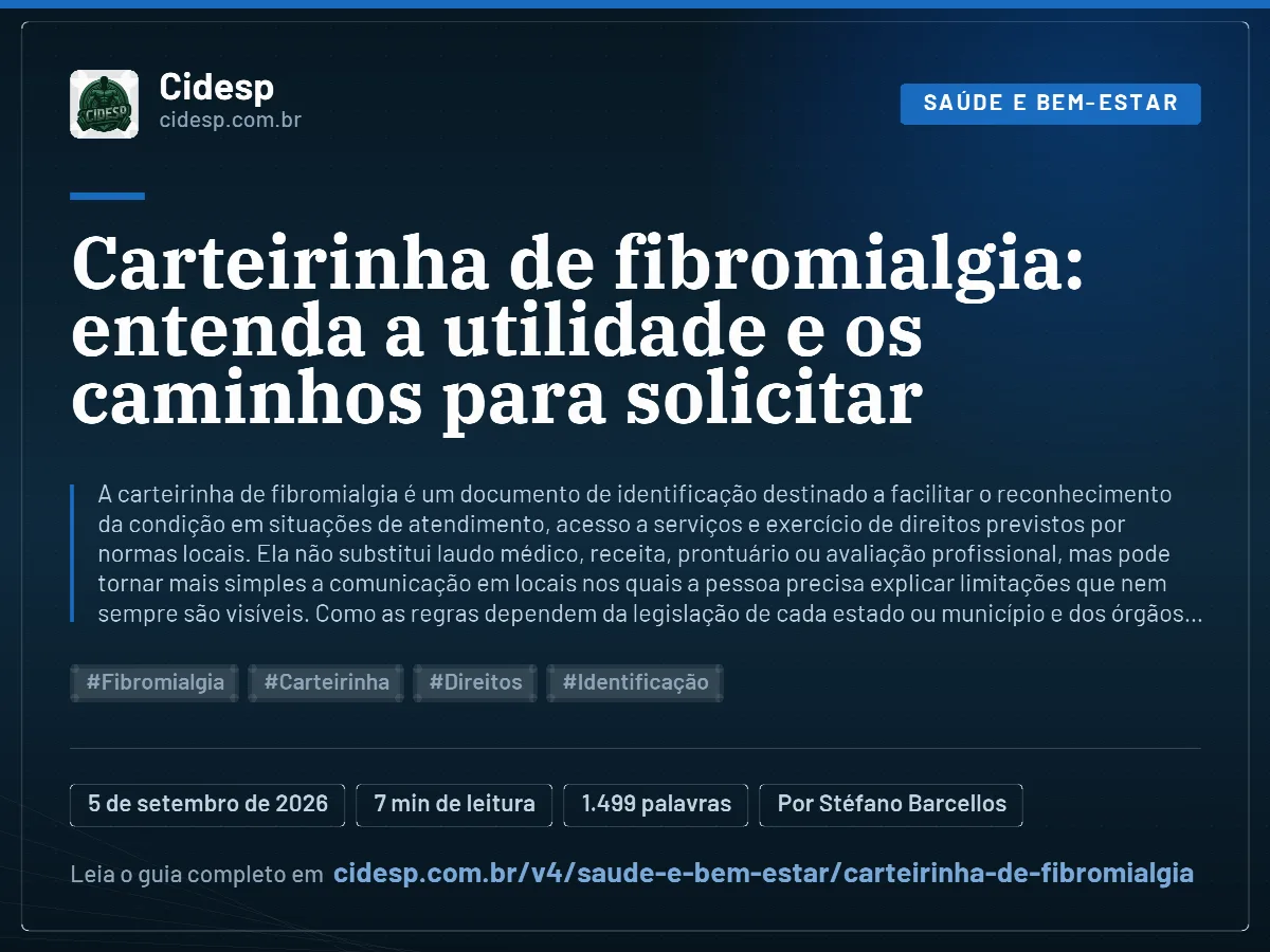 Cartão do artigo “Carteirinha de fibromialgia: entenda a utilidade e os caminhos para solicitar”, com resumo, data de publicação e endereço da página.