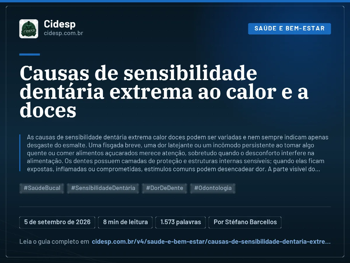 Cartão do artigo “Causas de sensibilidade dentária extrema ao calor e a doces”, com resumo, data de publicação e endereço da página.