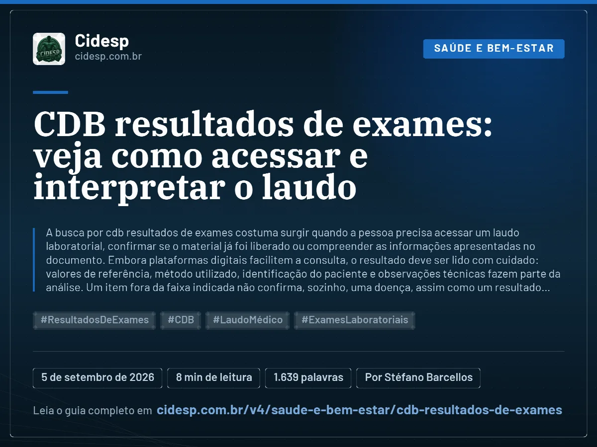 Cartão do artigo “CDB resultados de exames: veja como acessar e interpretar o laudo”, com resumo, data de publicação e endereço da página.