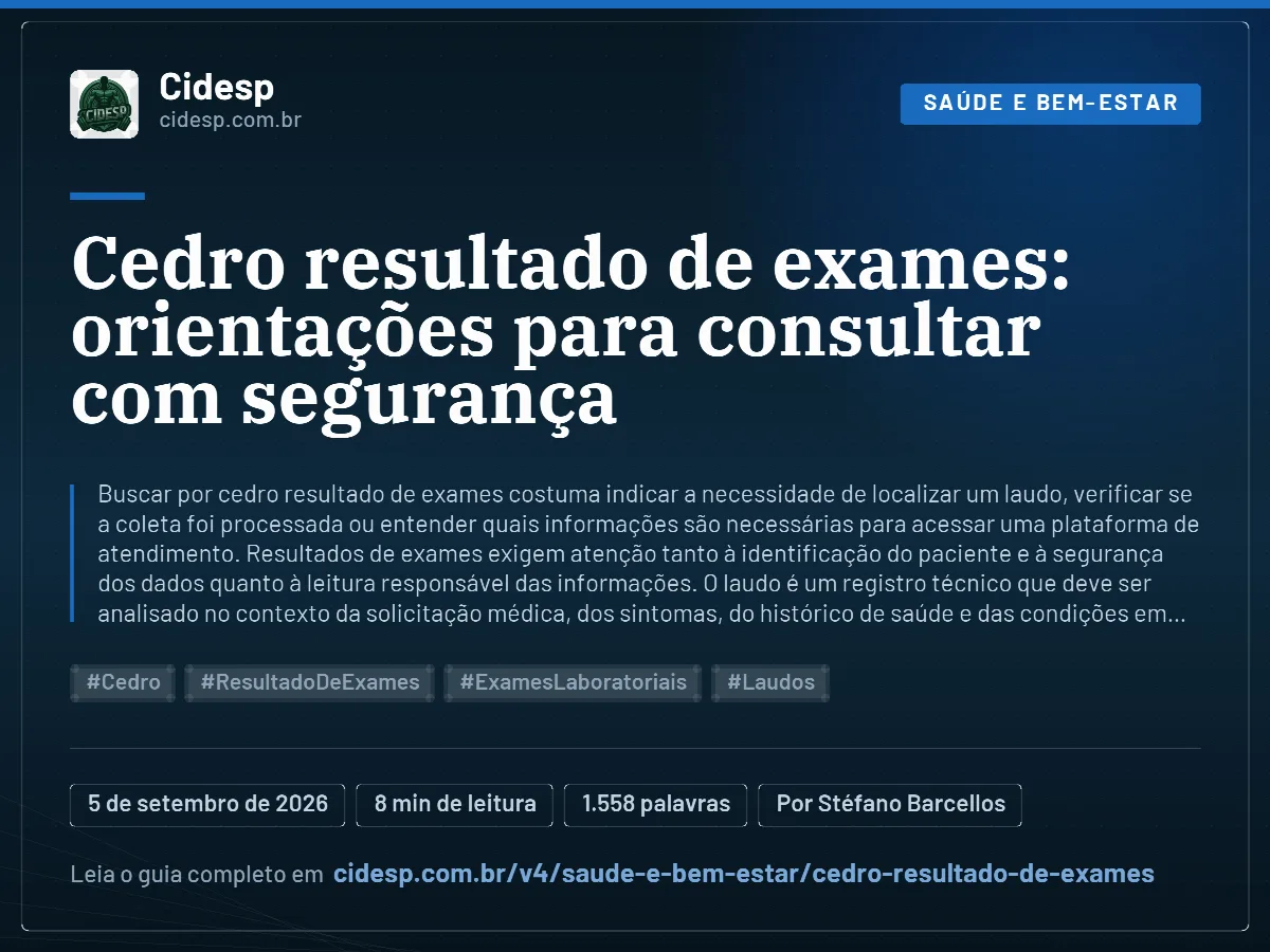 Cartão do artigo “Cedro resultado de exames: orientações para consultar com segurança”, com resumo, data de publicação e endereço da página.