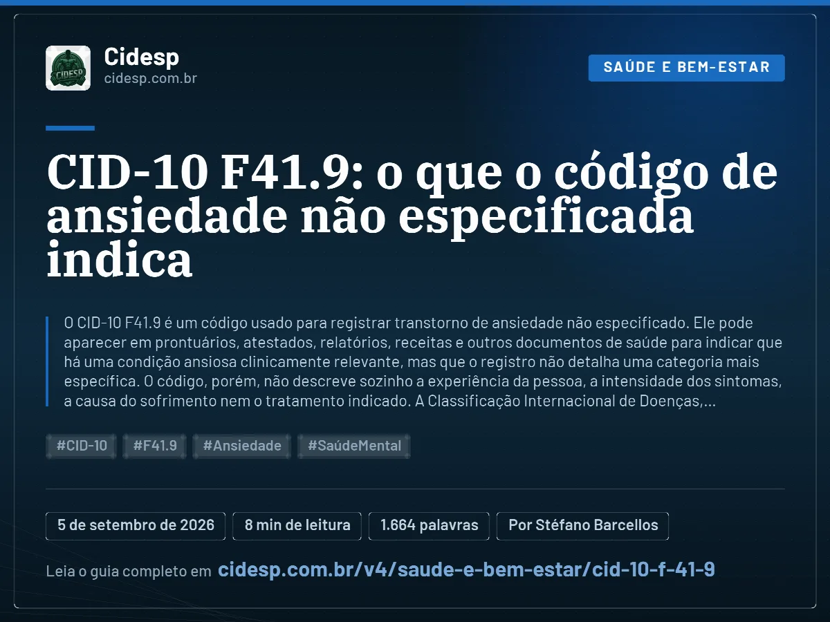 Cartão do artigo “CID-10 F41.9: o que o código de ansiedade não especificada indica”, com resumo, data de publicação e endereço da página.