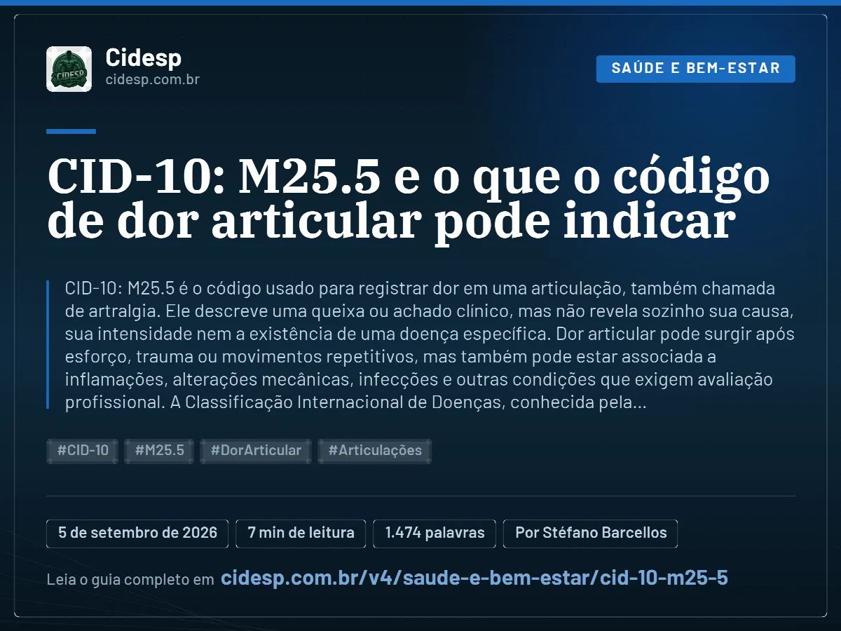 Cartão do artigo “CID-10: M25.5 e o que o código de dor articular pode indicar”, com resumo, data de publicação e endereço da página.