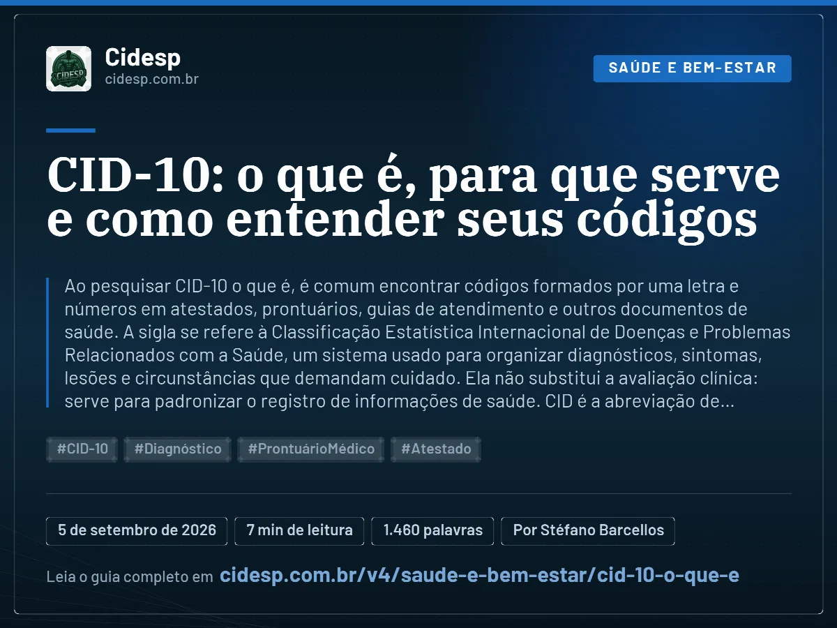 Cartão do artigo “CID-10: o que é, para que serve e como entender seus códigos”, com resumo, data de publicação e endereço da página.