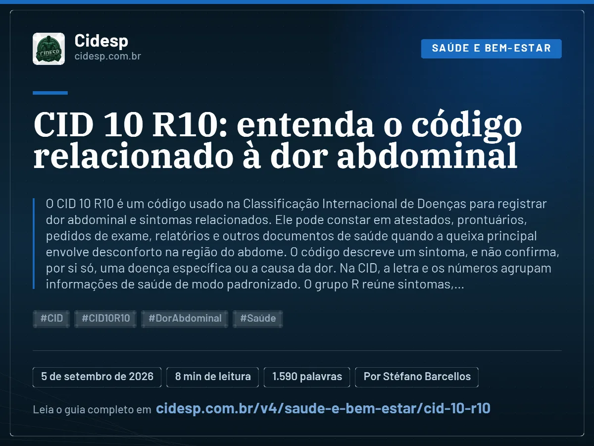 Cartão do artigo “CID 10 R10: entenda o código relacionado à dor abdominal”, com resumo, data de publicação e endereço da página.