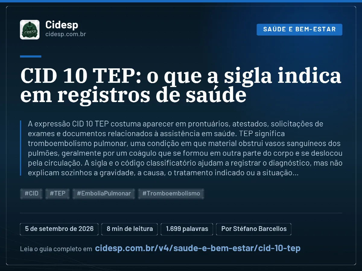 Cartão do artigo “CID 10 TEP: o que a sigla indica em registros de saúde”, com resumo, data de publicação e endereço da página.