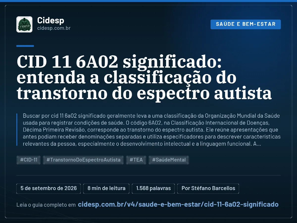 Cartão do artigo “CID 11 6A02 significado: entenda a classificação do transtorno do espectro autista”, com resumo, data de publicação e endereço da página.