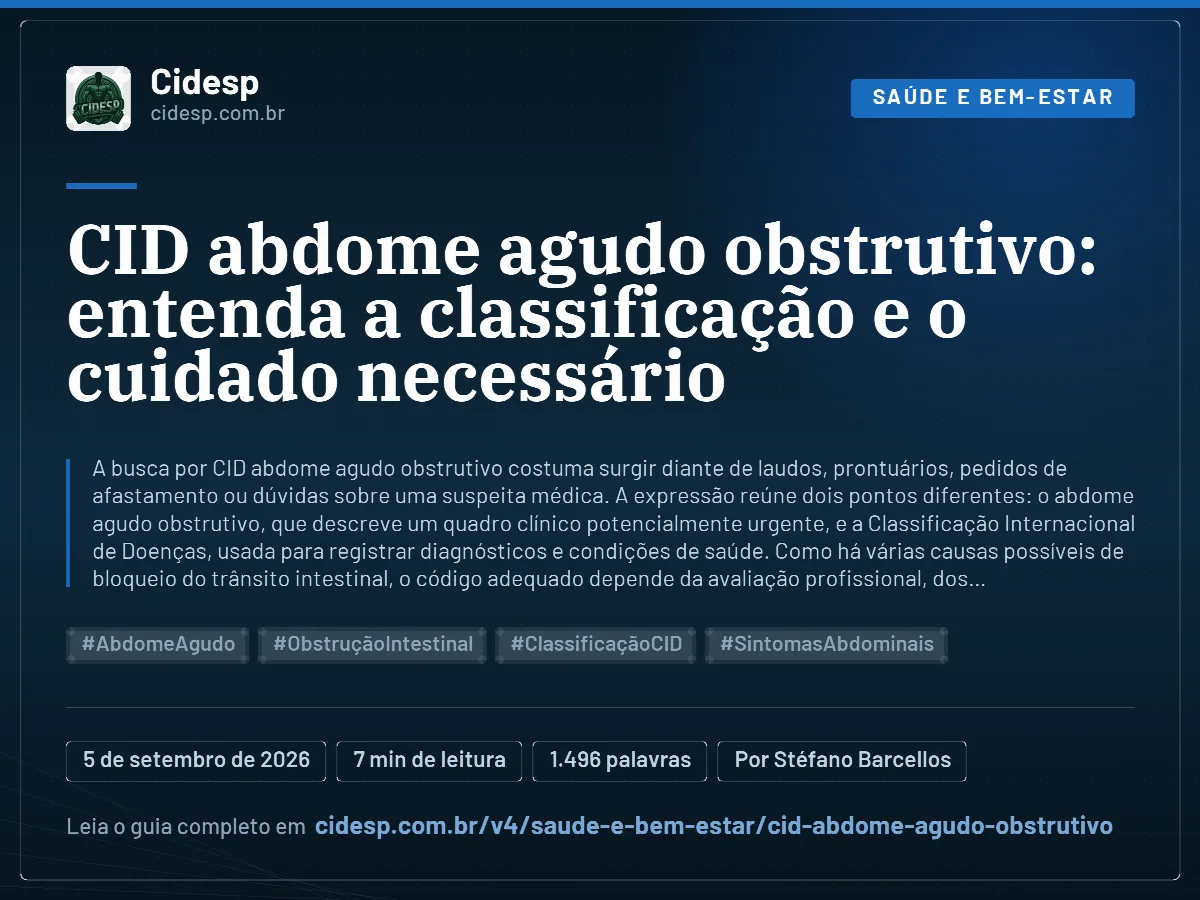 Cartão do artigo “CID abdome agudo obstrutivo: entenda a classificação e o cuidado necessário”, com resumo, data de publicação e endereço da página.