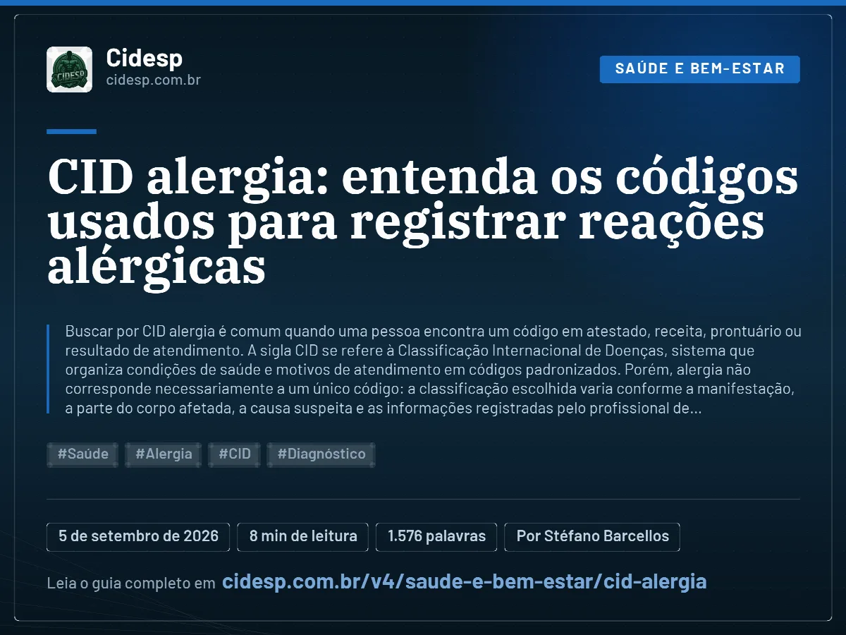 Cartão do artigo “CID alergia: entenda os códigos usados para registrar reações alérgicas”, com resumo, data de publicação e endereço da página.
