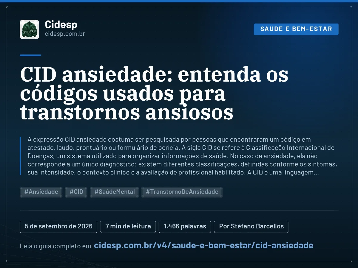 Cartão do artigo “CID ansiedade: entenda os códigos usados para transtornos ansiosos”, com resumo, data de publicação e endereço da página.
