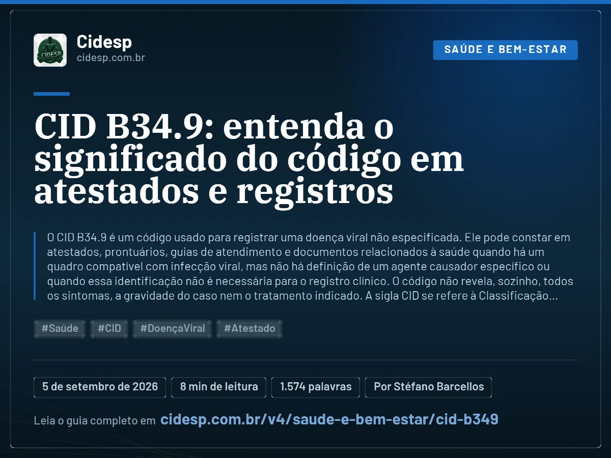Cartão do artigo “CID B34.9: entenda o significado do código em atestados e registros”, com resumo, data de publicação e endereço da página.