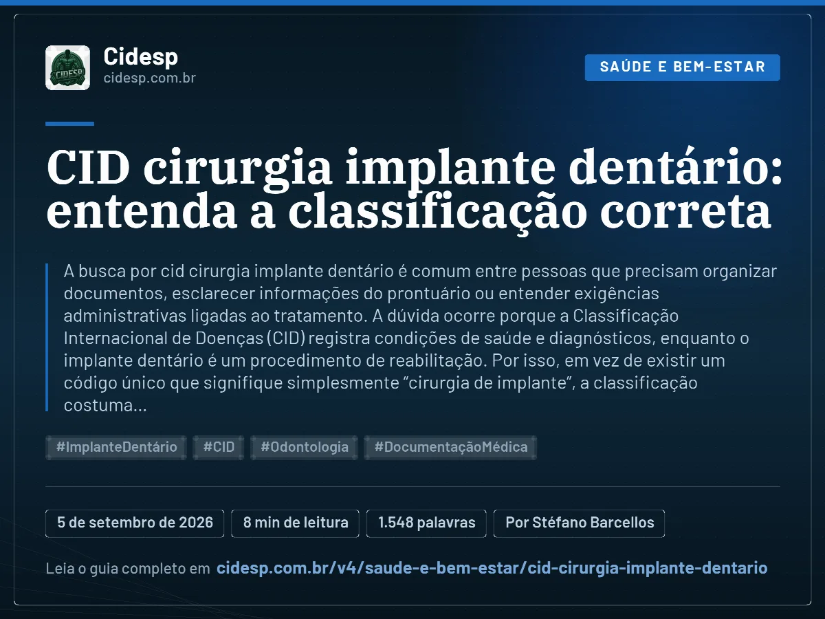 Cartão do artigo “CID cirurgia implante dentário: entenda a classificação correta”, com resumo, data de publicação e endereço da página.
