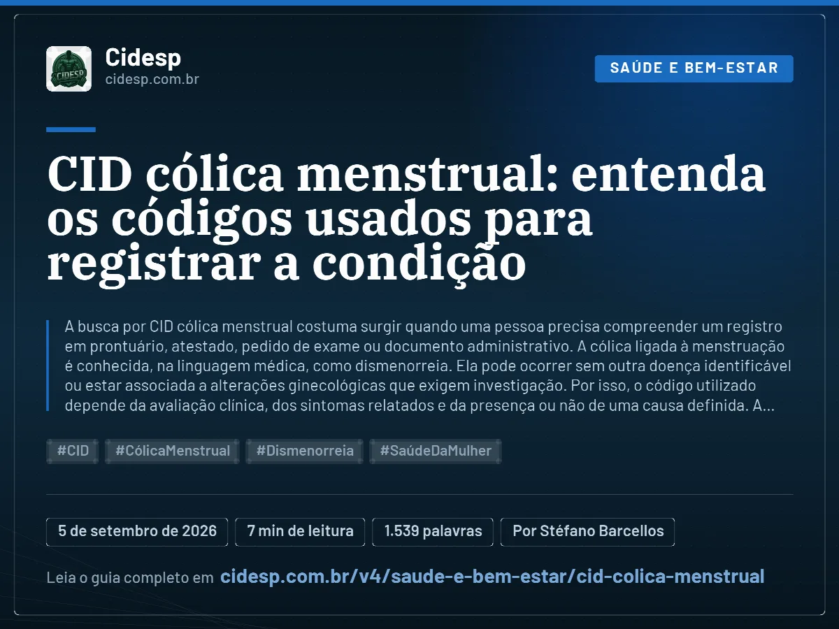 Cartão do artigo “CID cólica menstrual: entenda os códigos usados para registrar a condição”, com resumo, data de publicação e endereço da página.
