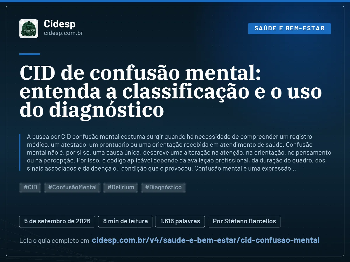 Cartão do artigo “CID de confusão mental: entenda a classificação e o uso do diagnóstico”, com resumo, data de publicação e endereço da página.