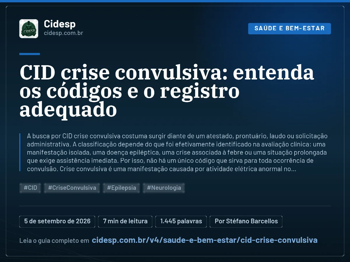 Cartão do artigo “CID crise convulsiva: entenda os códigos e o registro adequado”, com resumo, data de publicação e endereço da página.