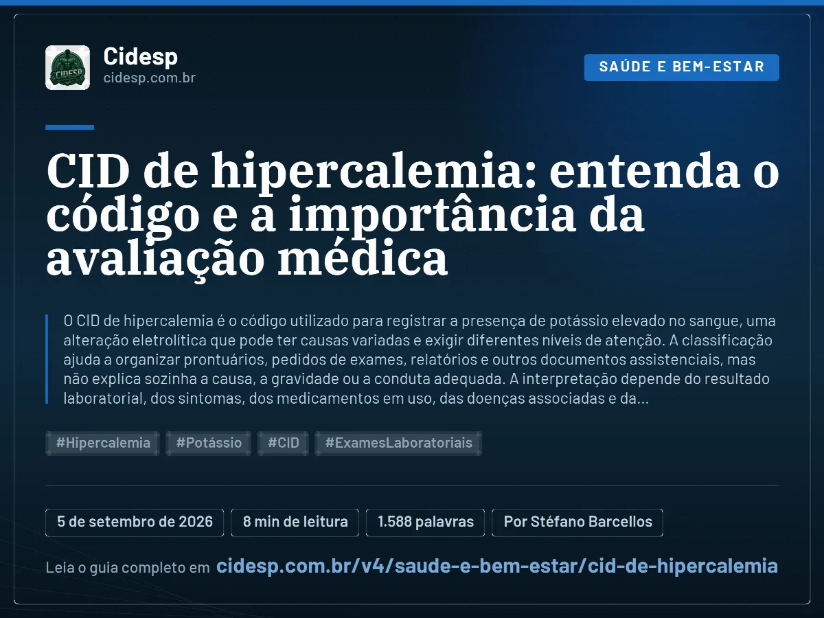 Cartão do artigo “CID de hipercalemia: entenda o código e a importância da avaliação médica”, com resumo, data de publicação e endereço da página.