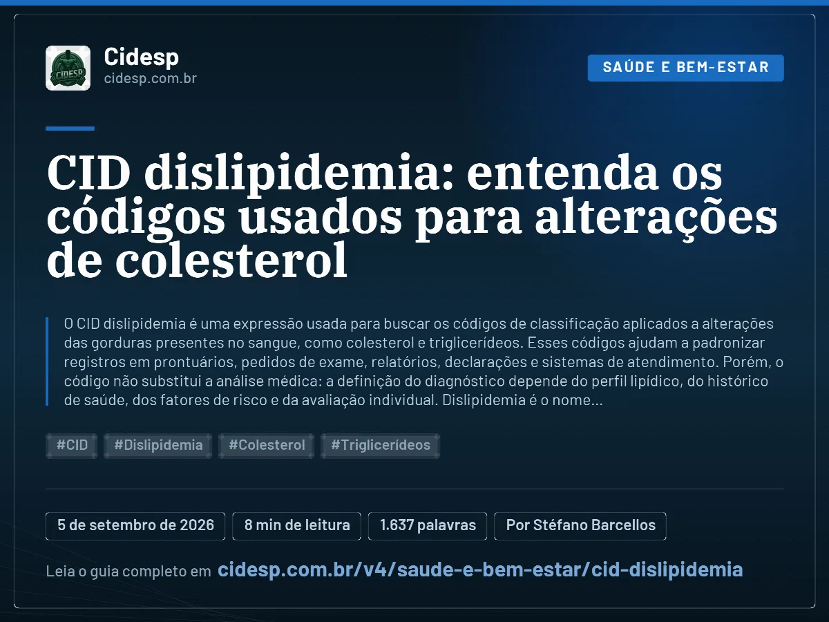 Cartão do artigo “CID dislipidemia: entenda os códigos usados para alterações de colesterol”, com resumo, data de publicação e endereço da página.
