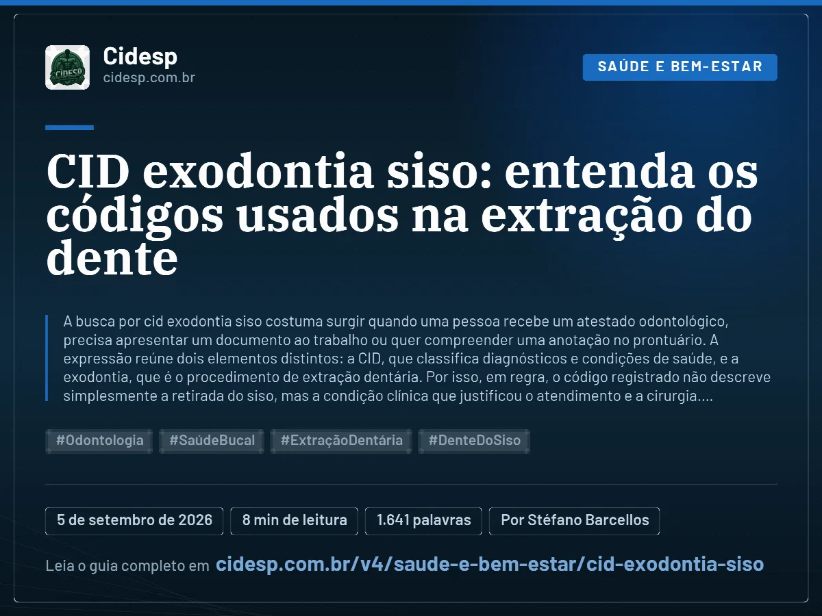 Cartão do artigo “CID exodontia siso: entenda os códigos usados na extração do dente”, com resumo, data de publicação e endereço da página.