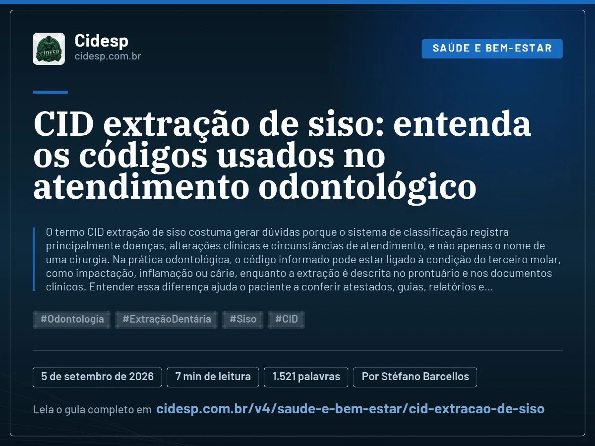 Cartão do artigo “CID extração de siso: entenda os códigos usados no atendimento odontológico”, com resumo, data de publicação e endereço da página.