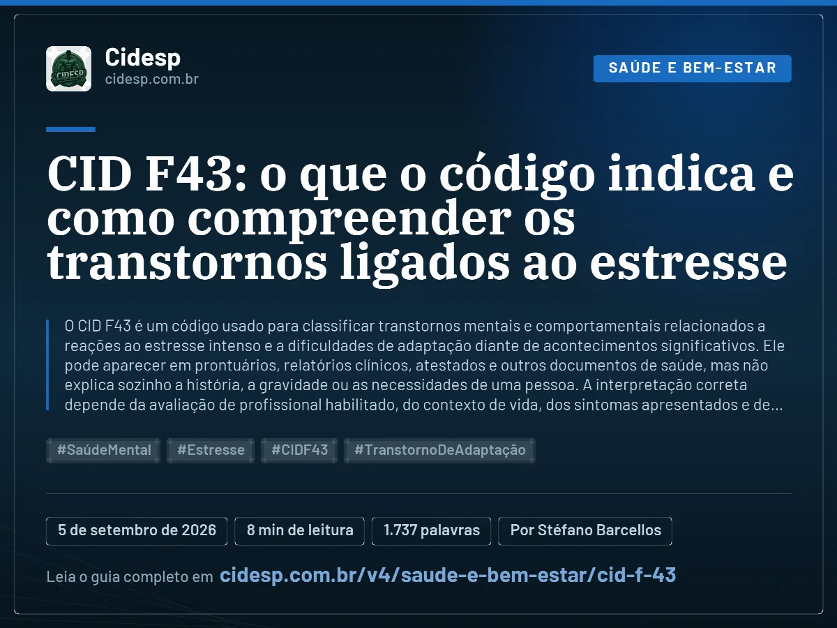 Cartão do artigo “CID F43: o que o código indica e como compreender os transtornos ligados ao estresse”, com resumo, data de publicação e endereço da página.