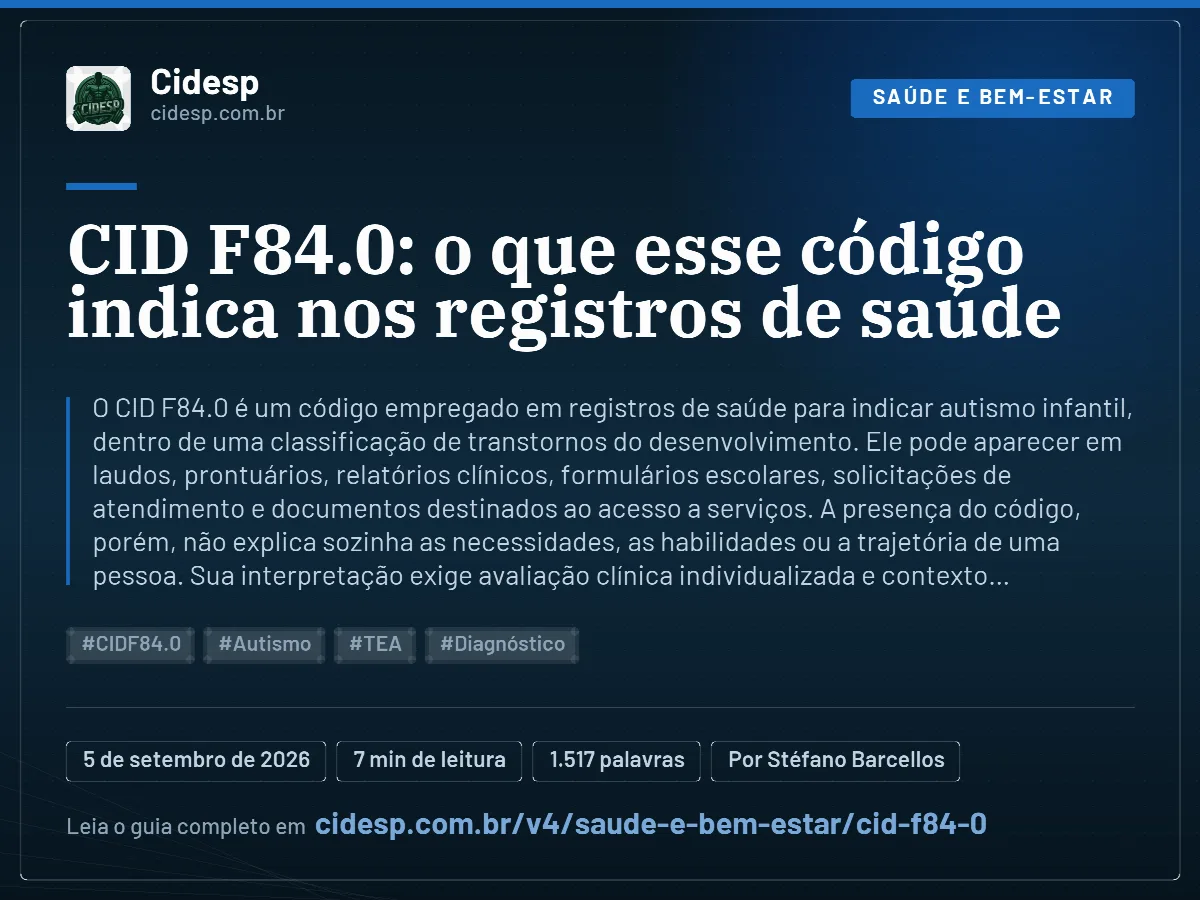 Cartão do artigo “CID F84.0: o que esse código indica nos registros de saúde”, com resumo, data de publicação e endereço da página.