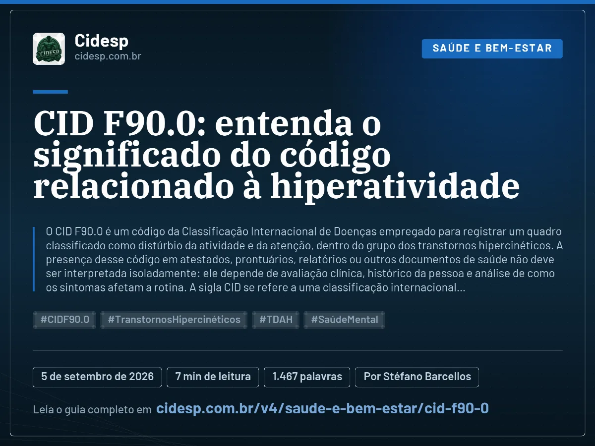 Cartão do artigo “CID F90.0: entenda o significado do código relacionado à hiperatividade”, com resumo, data de publicação e endereço da página.