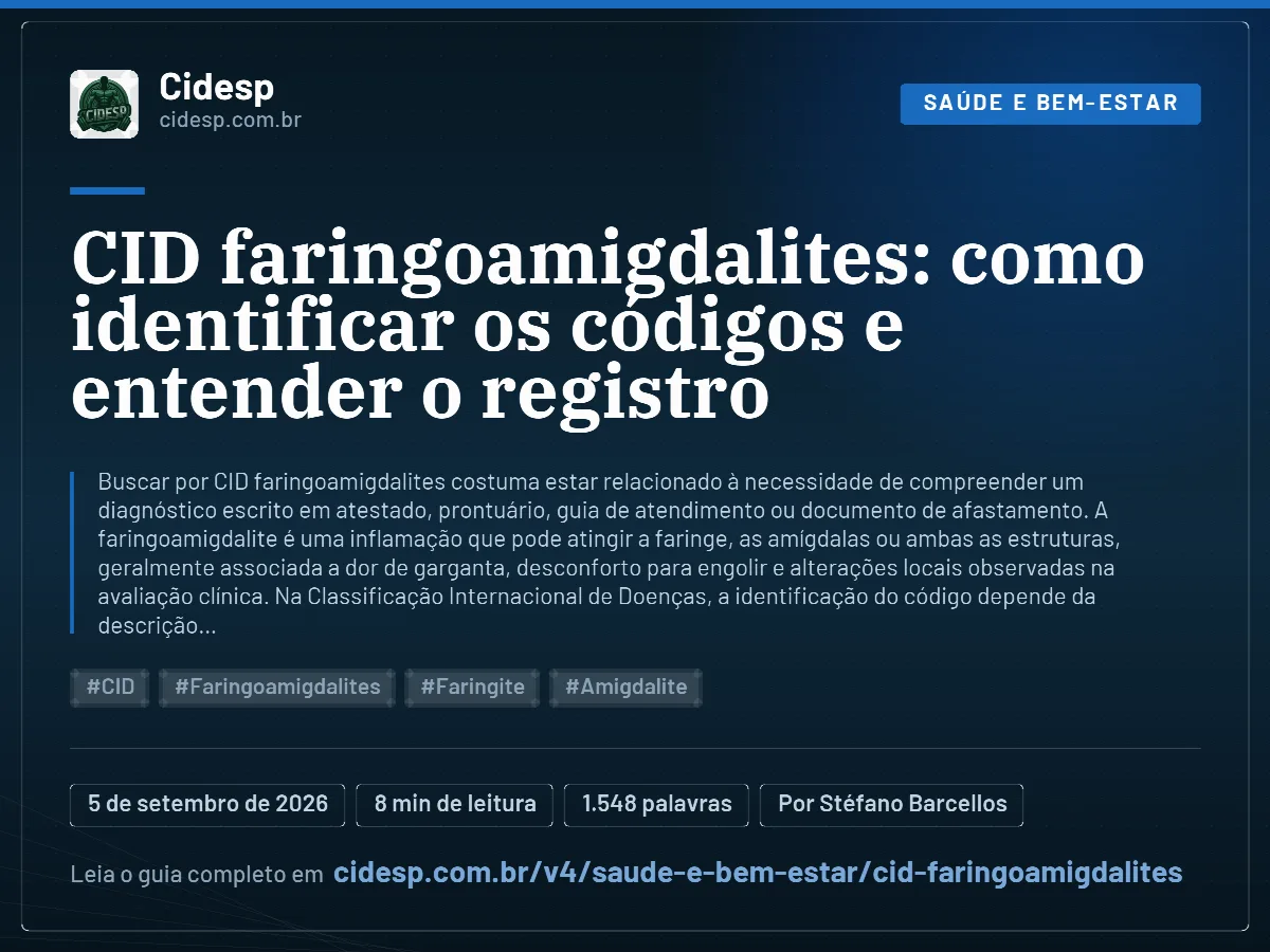 Cartão do artigo “CID faringoamigdalites: como identificar os códigos e entender o registro”, com resumo, data de publicação e endereço da página.