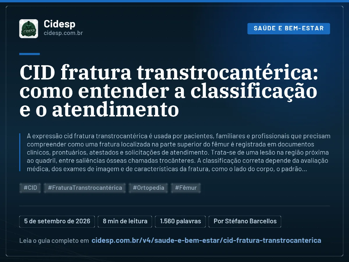 Cartão do artigo “CID fratura transtrocantérica: como entender a classificação e o atendimento”, com resumo, data de publicação e endereço da página.