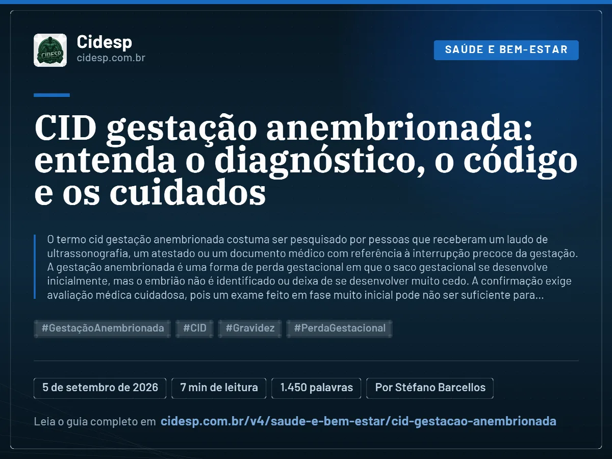 Cartão do artigo “CID gestação anembrionada: entenda o diagnóstico, o código e os cuidados”, com resumo, data de publicação e endereço da página.