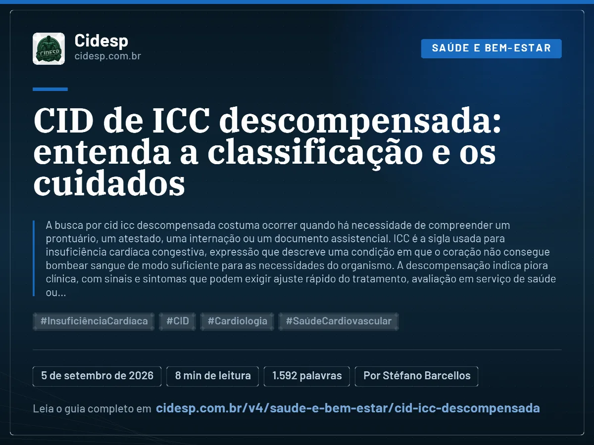 Cartão do artigo “CID de ICC descompensada: entenda a classificação e os cuidados”, com resumo, data de publicação e endereço da página.