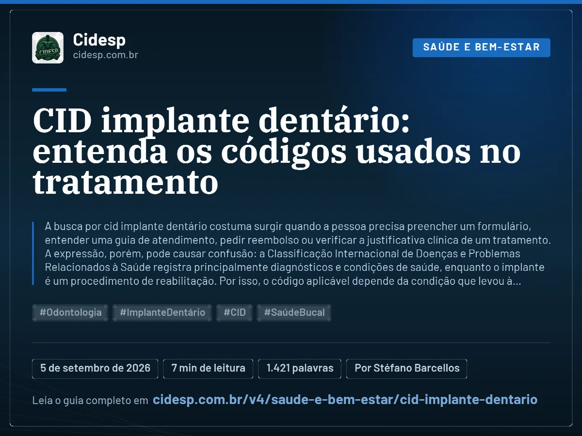 Cartão do artigo “CID implante dentário: entenda os códigos usados no tratamento”, com resumo, data de publicação e endereço da página.