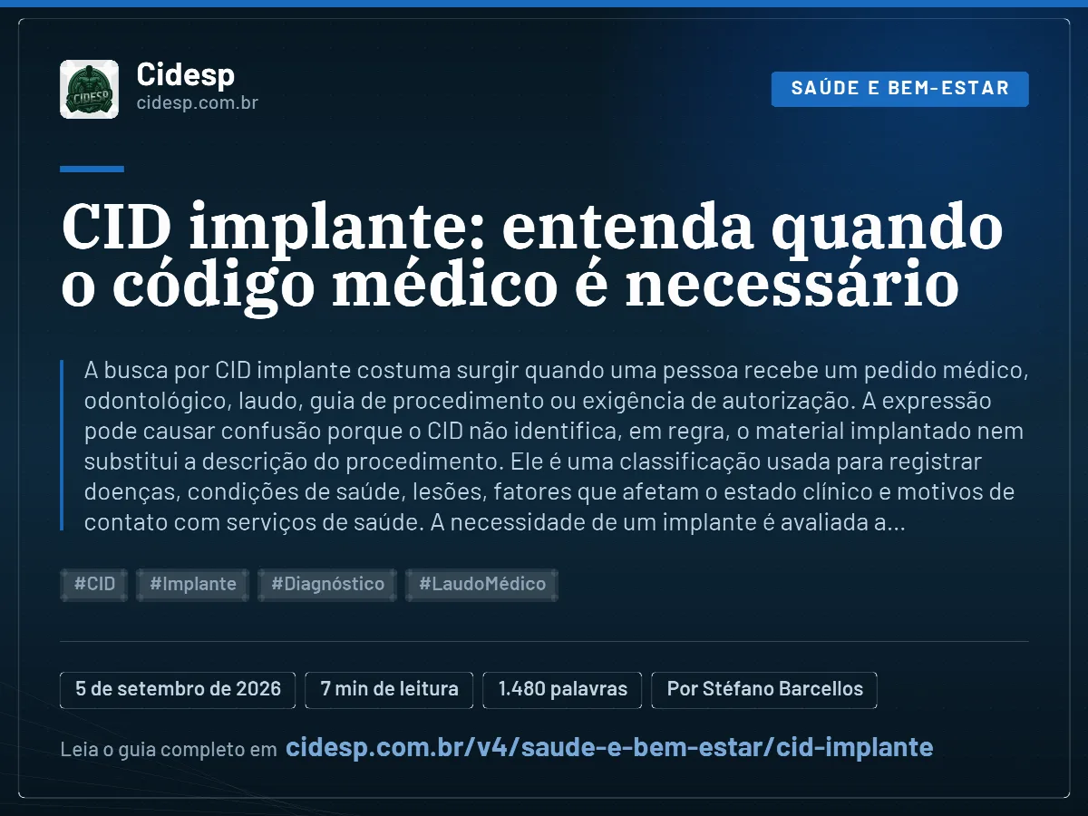 Cartão do artigo “CID implante: entenda quando o código médico é necessário”, com resumo, data de publicação e endereço da página.