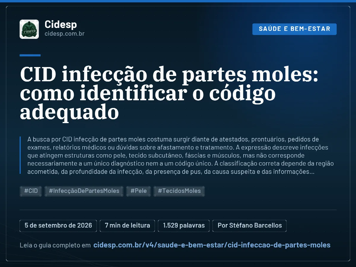 Cartão do artigo “CID infecção de partes moles: como identificar o código adequado”, com resumo, data de publicação e endereço da página.