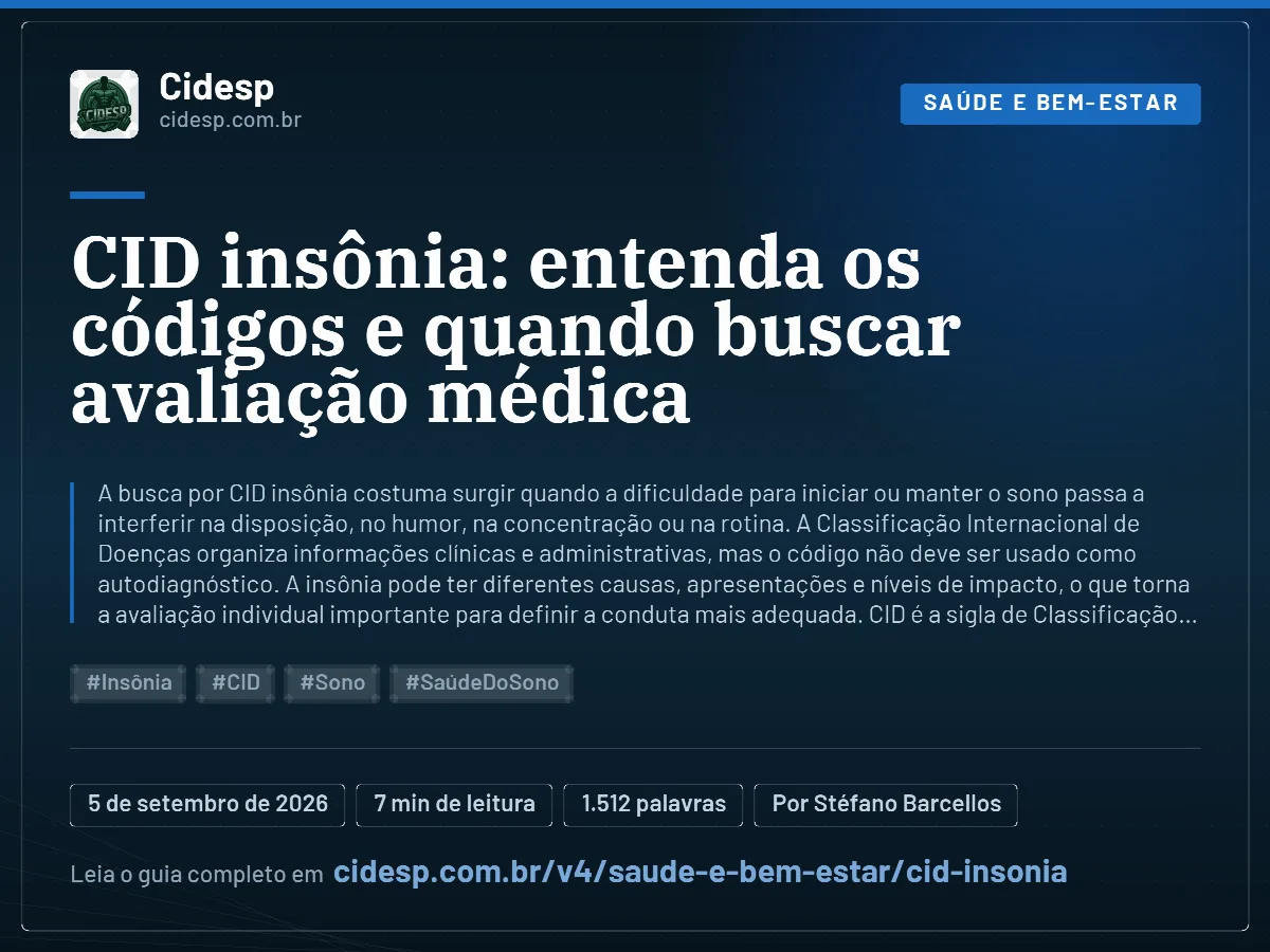 Cartão do artigo “CID insônia: entenda os códigos e quando buscar avaliação médica”, com resumo, data de publicação e endereço da página.