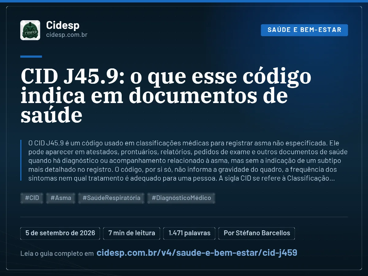 Cartão do artigo “CID J45.9: o que esse código indica em documentos de saúde”, com resumo, data de publicação e endereço da página.
