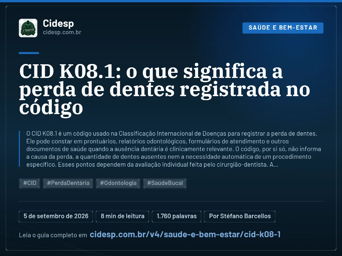 Cartão do artigo “CID K08.1: o que significa a perda de dentes registrada no código”, com resumo, data de publicação e endereço da página.