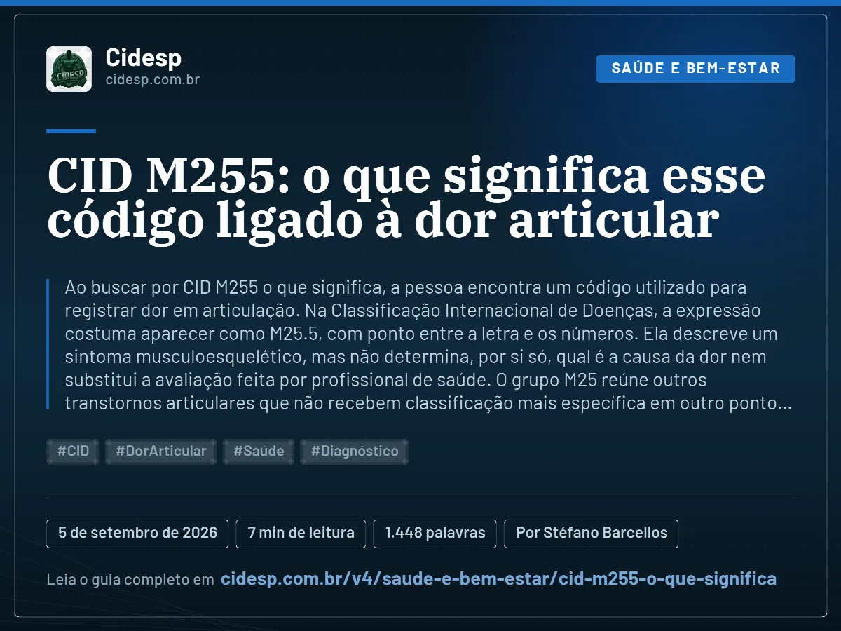 Cartão do artigo “CID M255: o que significa esse código ligado à dor articular”, com resumo, data de publicação e endereço da página.