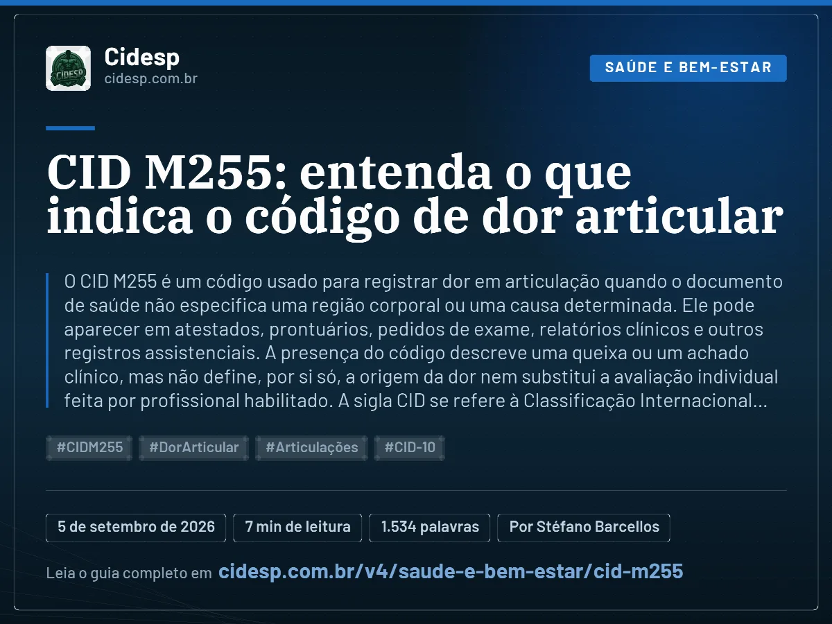 Cartão do artigo “CID M255: entenda o que indica o código de dor articular”, com resumo, data de publicação e endereço da página.