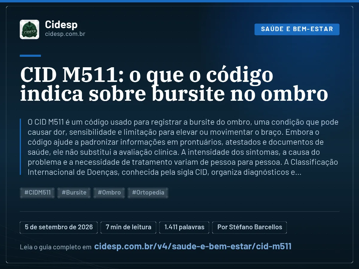 Cartão do artigo “CID M511: o que o código indica sobre bursite no ombro”, com resumo, data de publicação e endereço da página.