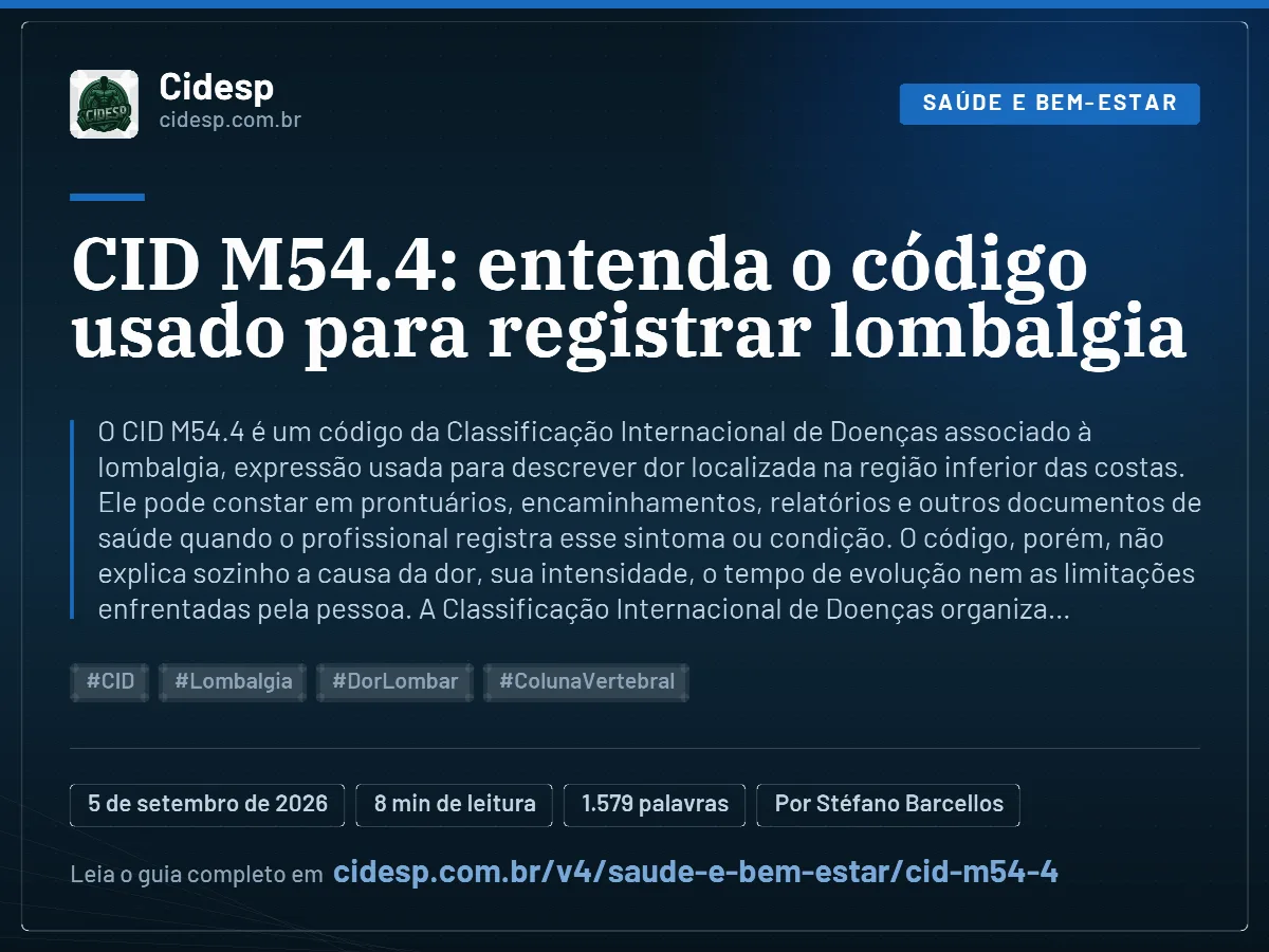 Cartão do artigo “CID M54.4: entenda o código usado para registrar lombalgia”, com resumo, data de publicação e endereço da página.