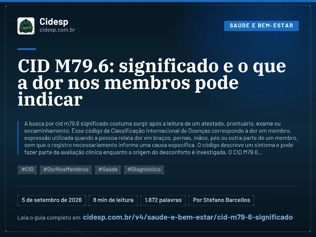 Cartão do artigo “CID M79.6: significado e o que a dor nos membros pode indicar”, com resumo, data de publicação e endereço da página.