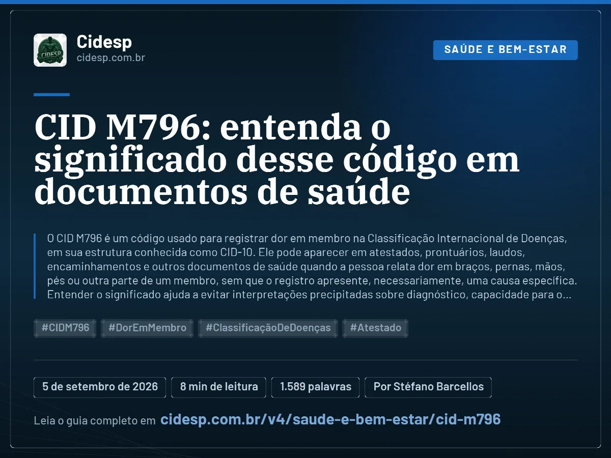 Cartão do artigo “CID M796: entenda o significado desse código em documentos de saúde”, com resumo, data de publicação e endereço da página.