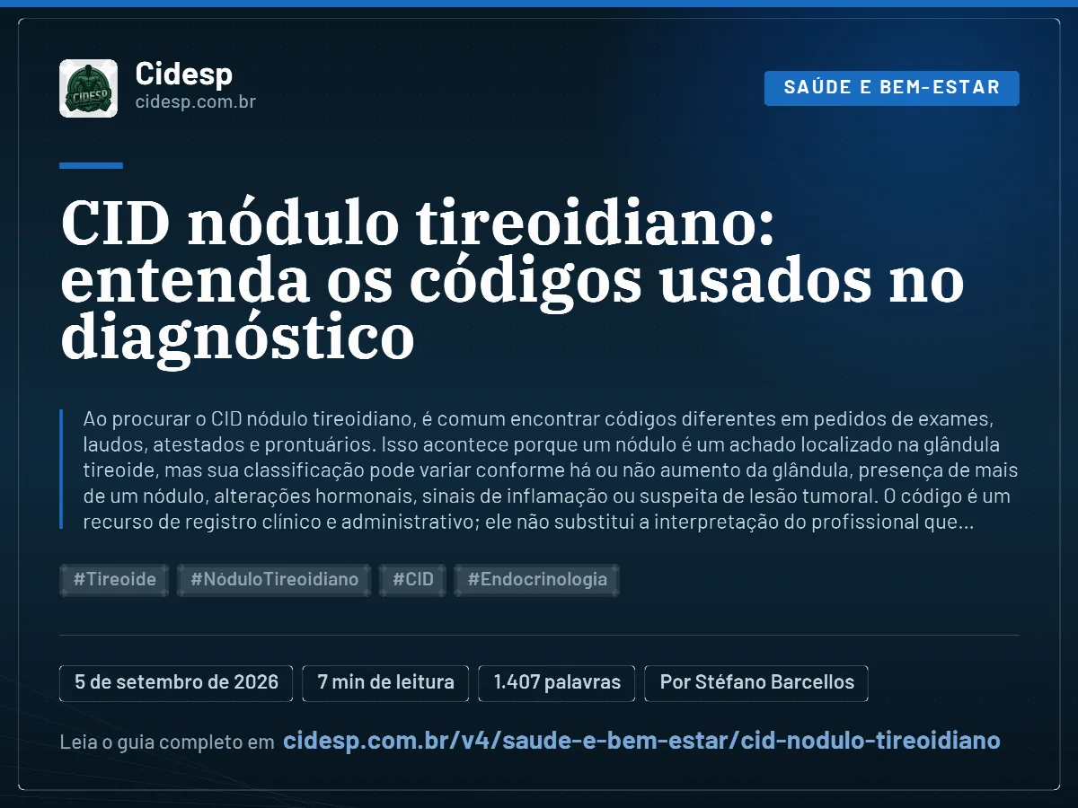 Cartão do artigo “CID nódulo tireoidiano: entenda os códigos usados no diagnóstico”, com resumo, data de publicação e endereço da página.